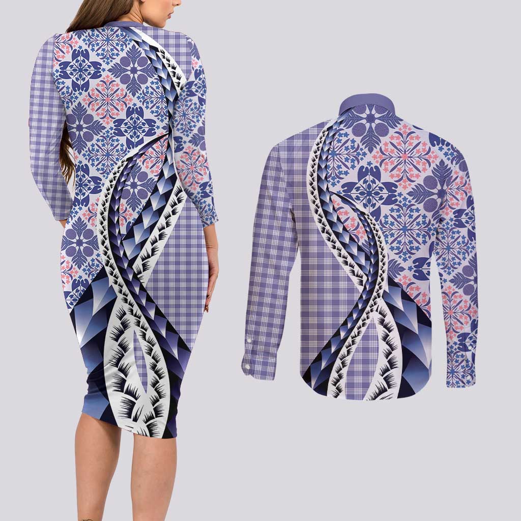 Aloha Vintage Palaka Floral Hawaiian Quilt Couples Matching Long Sleeve Bodycon Dress and Long Sleeve Button Shirt Poni Motif - Polynesian Pride