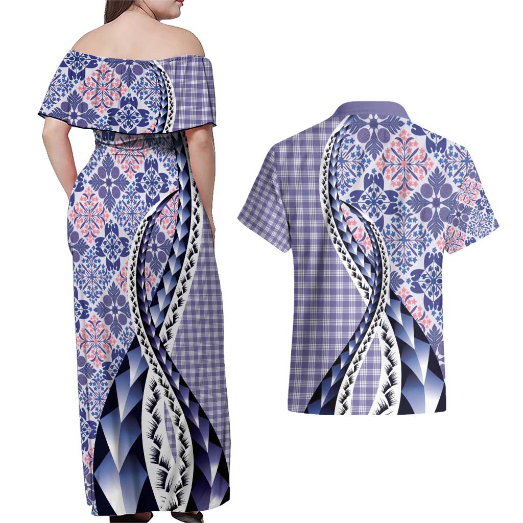 Aloha Vintage Palaka Floral Hawaiian Quilt Couples Matching Off Shoulder Maxi Dress and Hawaiian Shirt Poni Motif LT9 - Polynesian Pride