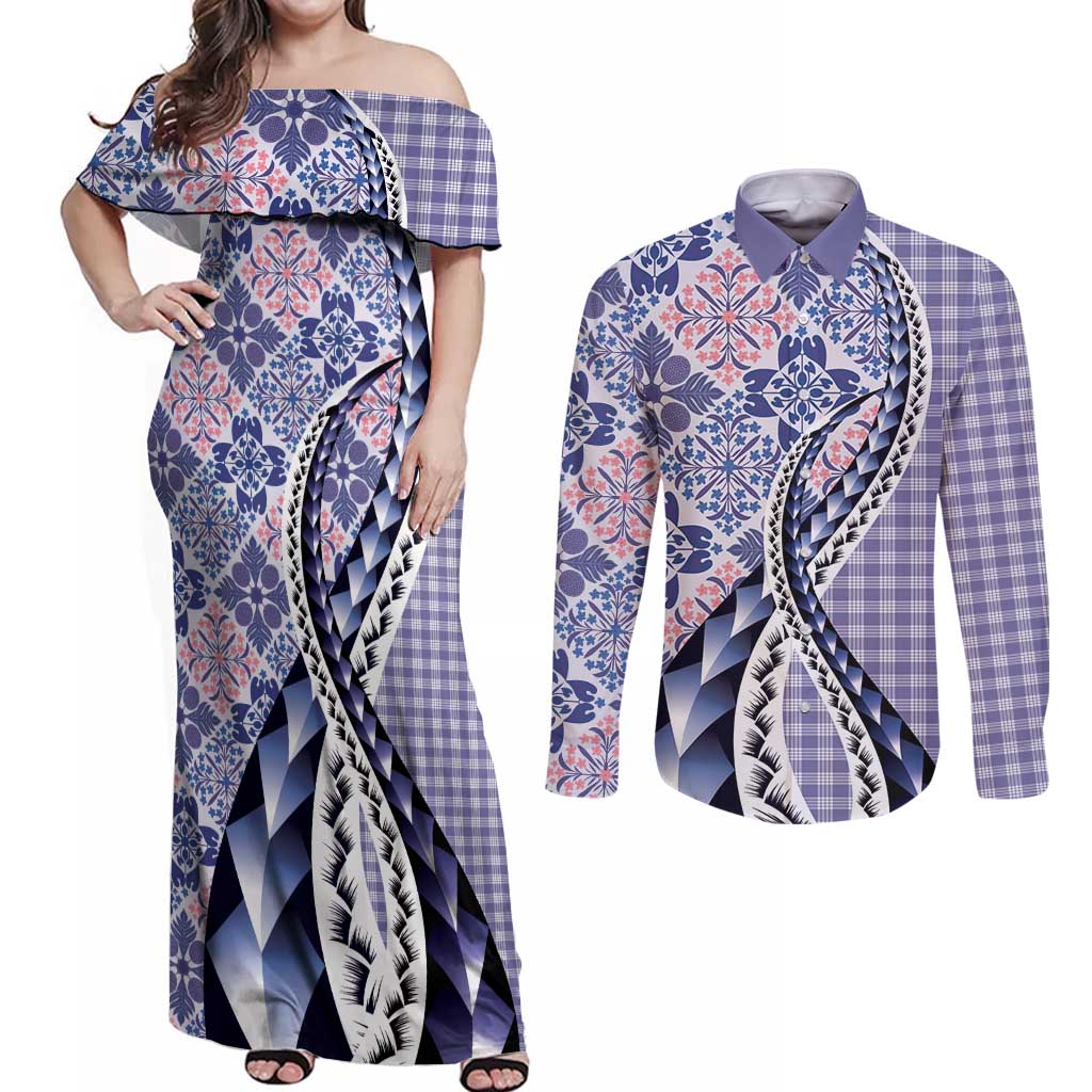 Aloha Vintage Palaka Floral Hawaiian Quilt Couples Matching Off Shoulder Maxi Dress and Long Sleeve Button Shirt Poni Motif LT9 Purple - Polynesian Pride