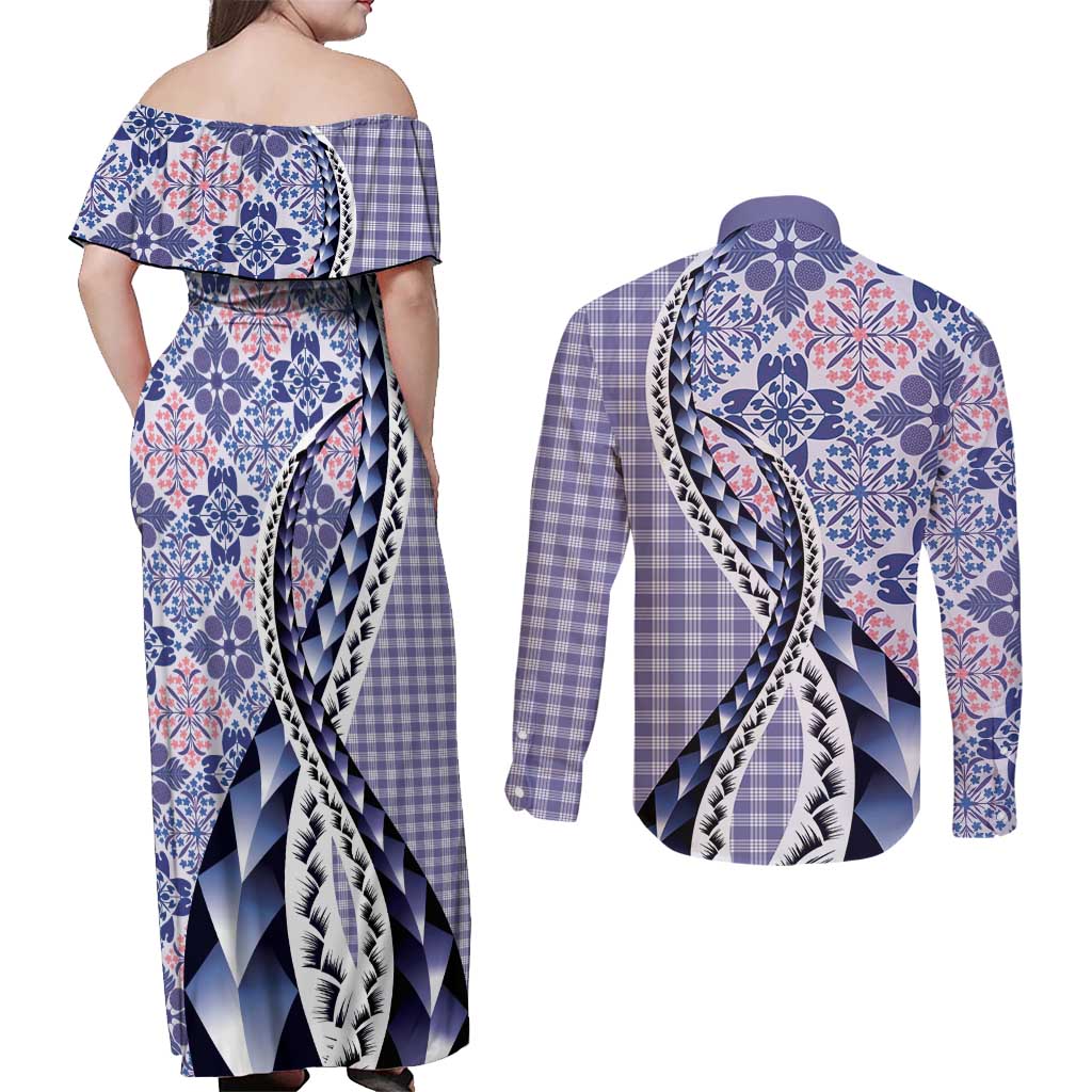 Aloha Vintage Palaka Floral Hawaiian Quilt Couples Matching Off Shoulder Maxi Dress and Long Sleeve Button Shirt Poni Motif LT9 - Polynesian Pride