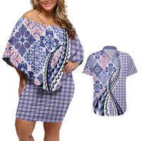 Aloha Vintage Palaka Floral Hawaiian Quilt Couples Matching Off Shoulder Short Dress and Hawaiian Shirt Poni Motif LT9 Purple - Polynesian Pride