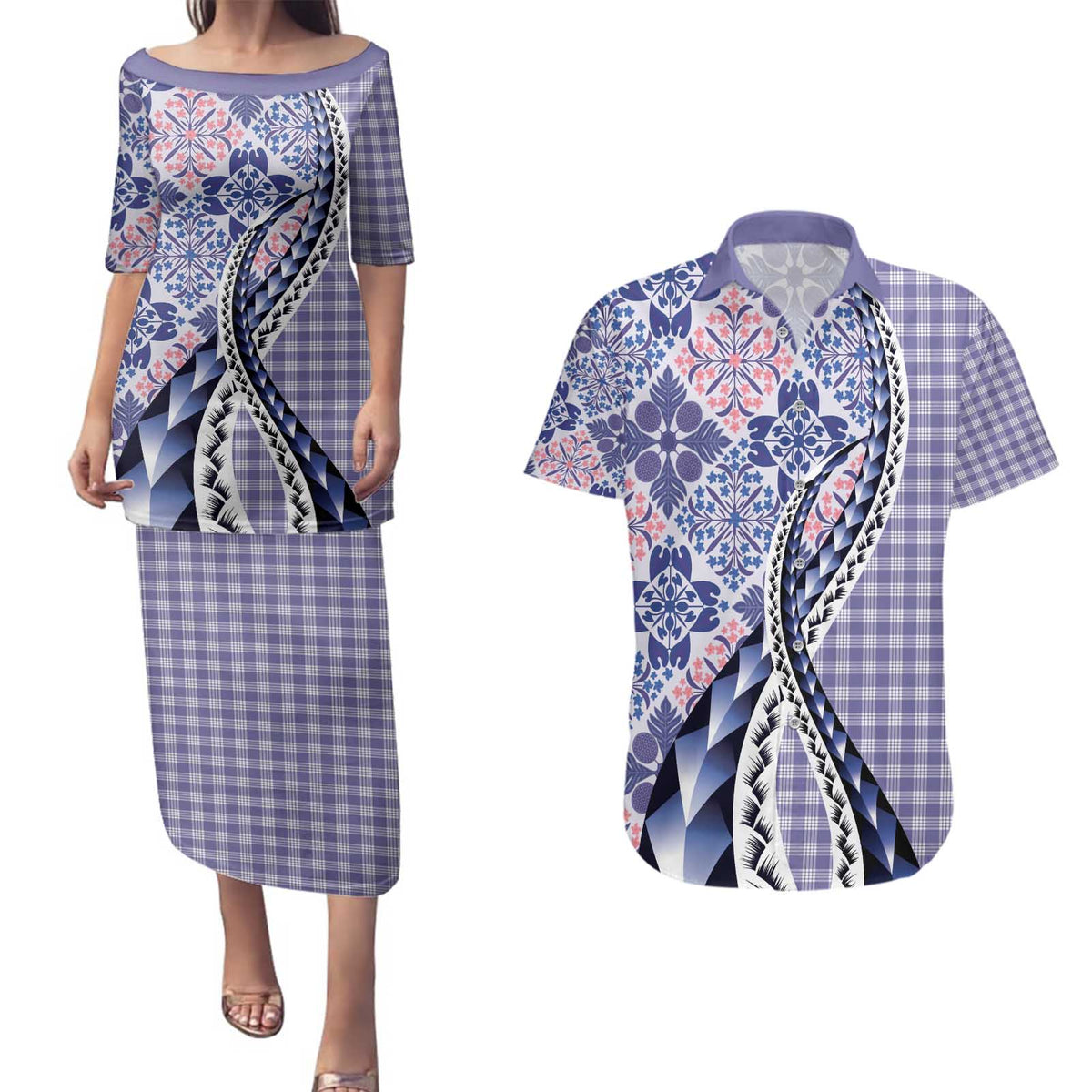 Aloha Vintage Palaka Floral Hawaiian Quilt Couples Matching Puletasi and Hawaiian Shirt Poni Motif LT9 Purple - Polynesian Pride