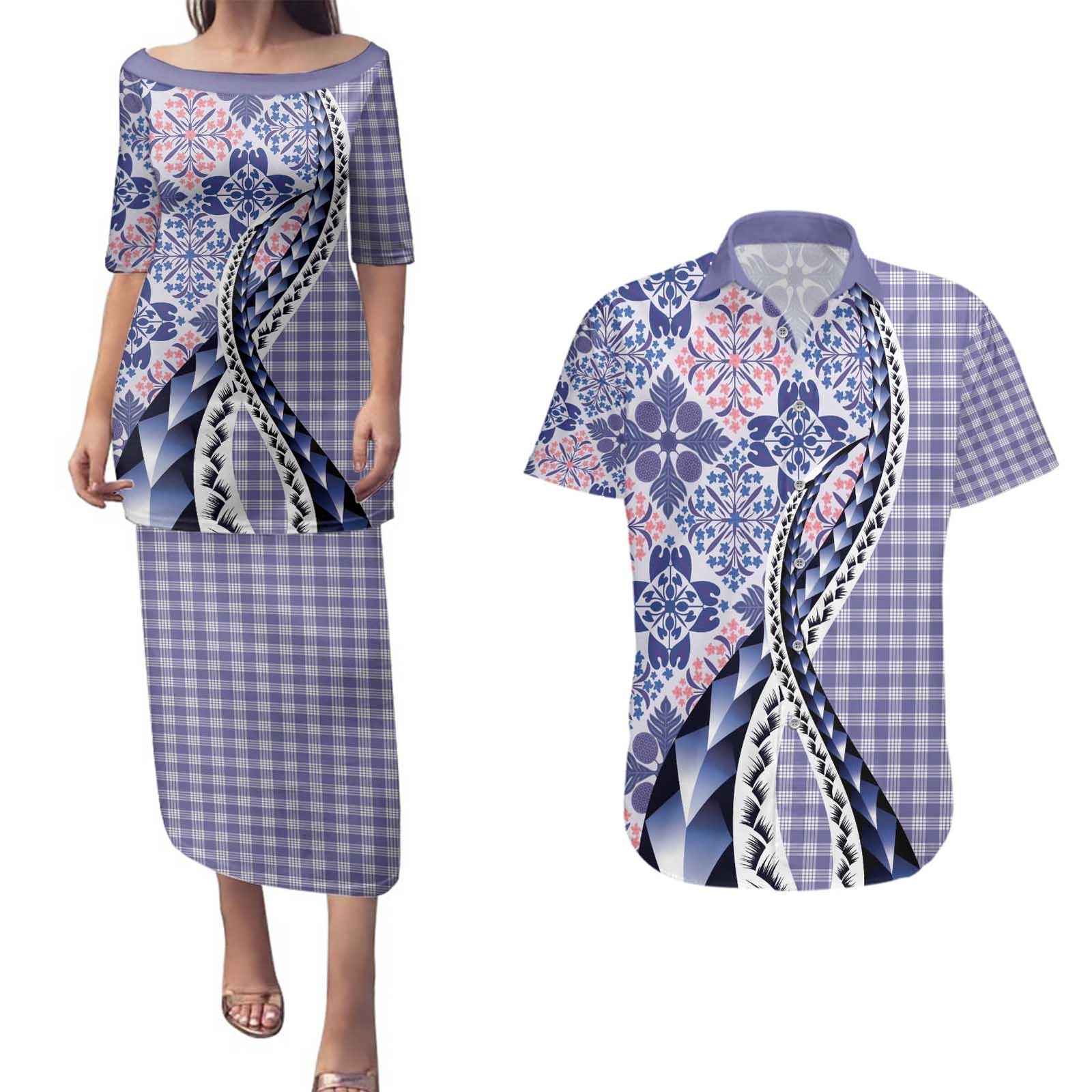 Aloha Vintage Palaka Floral Hawaiian Quilt Couples Matching Puletasi and Hawaiian Shirt Poni Motif - Polynesian Pride