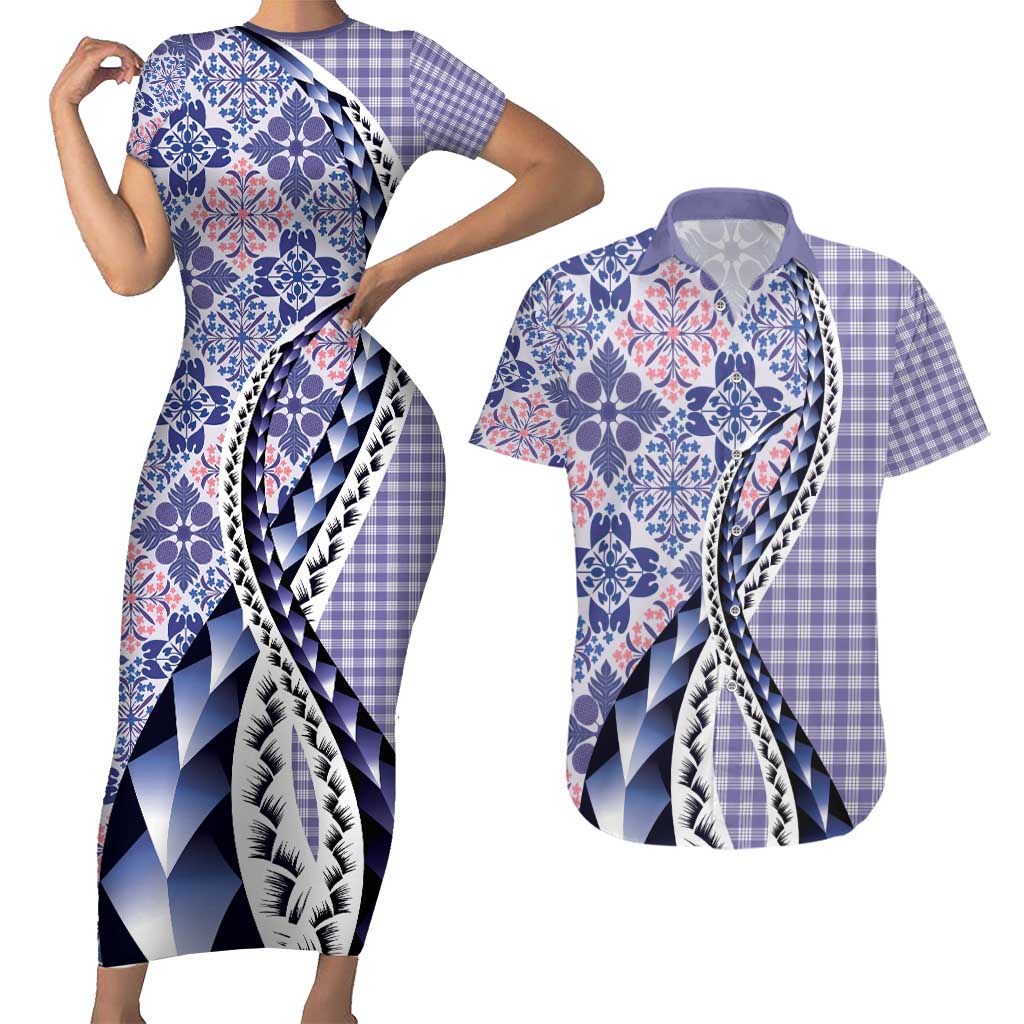 Aloha Vintage Palaka Floral Hawaiian Quilt Couples Matching Short Sleeve Bodycon Dress and Hawaiian Shirt Poni Motif - Polynesian Pride