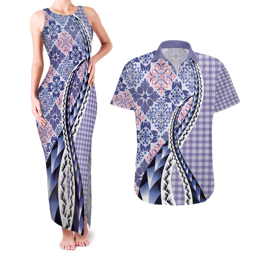 Aloha Vintage Palaka Floral Hawaiian Quilt Couples Matching Tank Maxi Dress and Hawaiian Shirt Poni Motif - Polynesian Pride