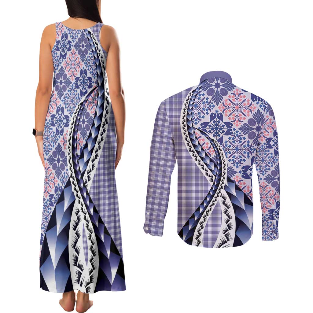 Aloha Vintage Palaka Floral Hawaiian Quilt Couples Matching Tank Maxi Dress and Long Sleeve Button Shirt Poni Motif - Polynesian Pride