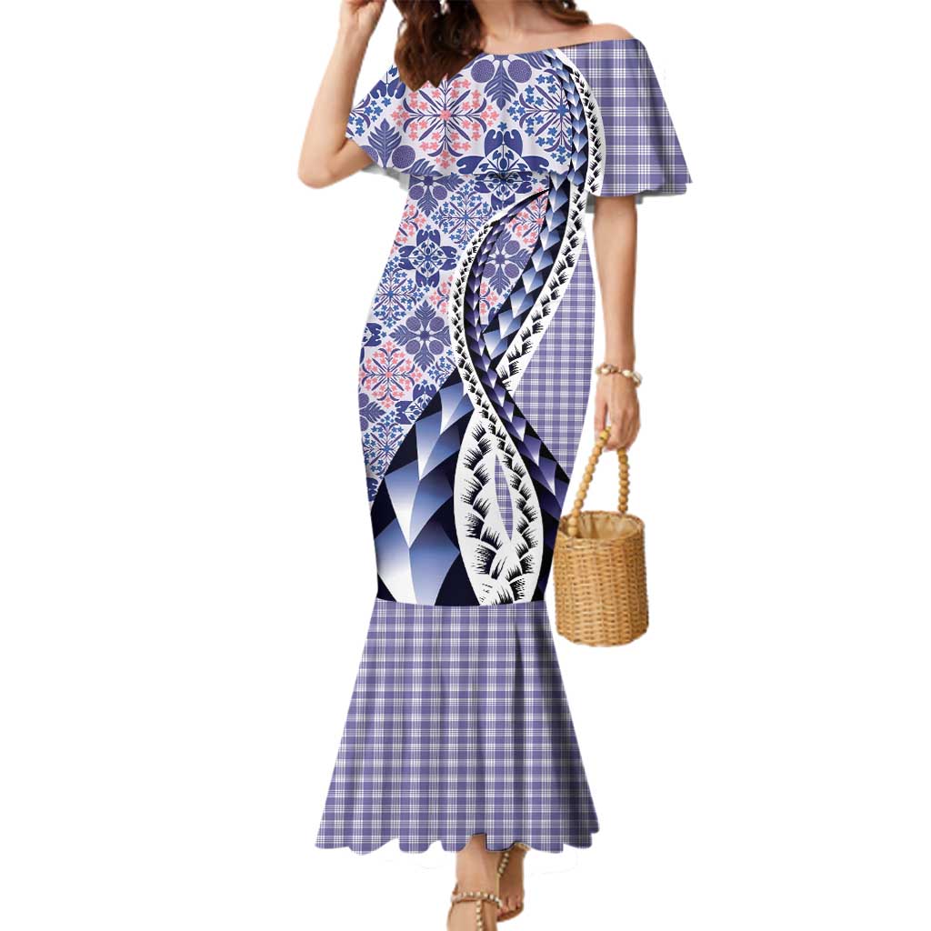 Aloha Vintage Palaka Floral Hawaiian Quilt Family Matching Mermaid Dress and Hawaiian Shirt Poni Motif LT9 Mom's Dress Purple - Polynesian Pride