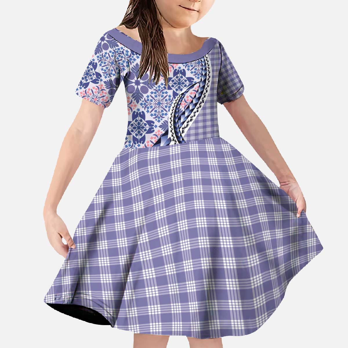 Aloha Vintage Palaka Floral Hawaiian Quilt Family Matching Off The Shoulder Long Sleeve Dress and Hawaiian Shirt Poni Motif LT9 Daughter's Dress Purple - Polynesian Pride