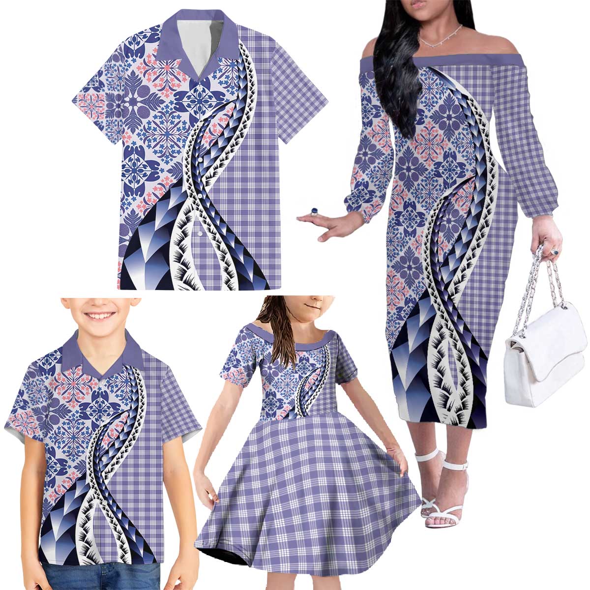 Aloha Vintage Palaka Floral Hawaiian Quilt Family Matching Off The Shoulder Long Sleeve Dress and Hawaiian Shirt Poni Motif LT9 - Polynesian Pride