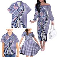 Aloha Vintage Palaka Floral Hawaiian Quilt Family Matching Off The Shoulder Long Sleeve Dress and Hawaiian Shirt Poni Motif LT9 - Polynesian Pride