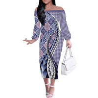 Aloha Vintage Palaka Floral Hawaiian Quilt Family Matching Off The Shoulder Long Sleeve Dress and Hawaiian Shirt Poni Motif LT9 Mom's Dress Purple - Polynesian Pride