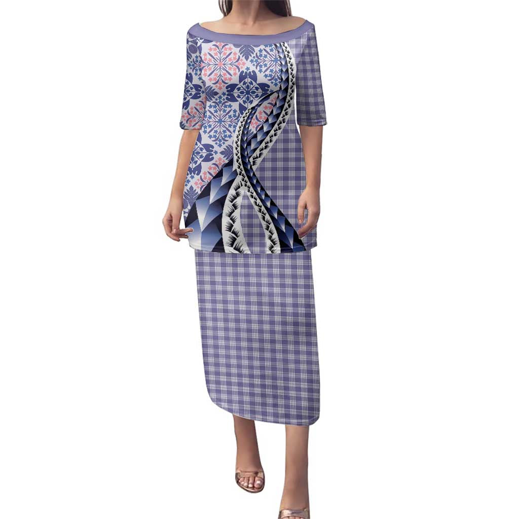 Aloha Vintage Palaka Floral Hawaiian Quilt Family Matching Puletasi and Hawaiian Shirt Poni Motif LT9 Mom's Dress Purple - Polynesian Pride