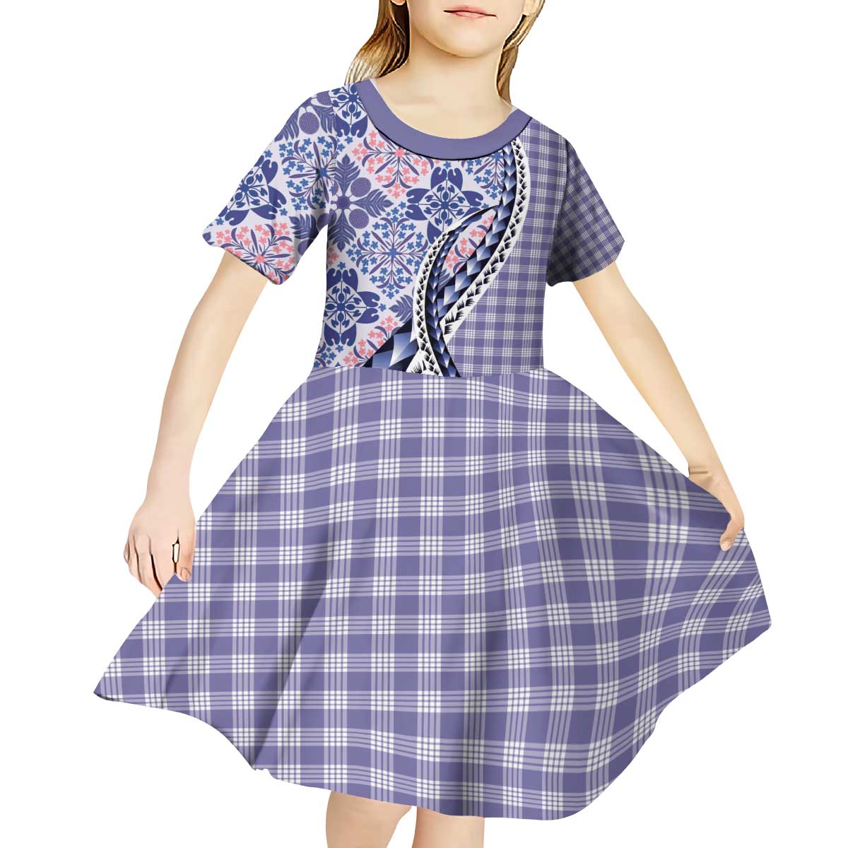 Aloha Vintage Palaka Floral Hawaiian Quilt Kid Short Sleeve Dress Poni Motif - Polynesian Pride