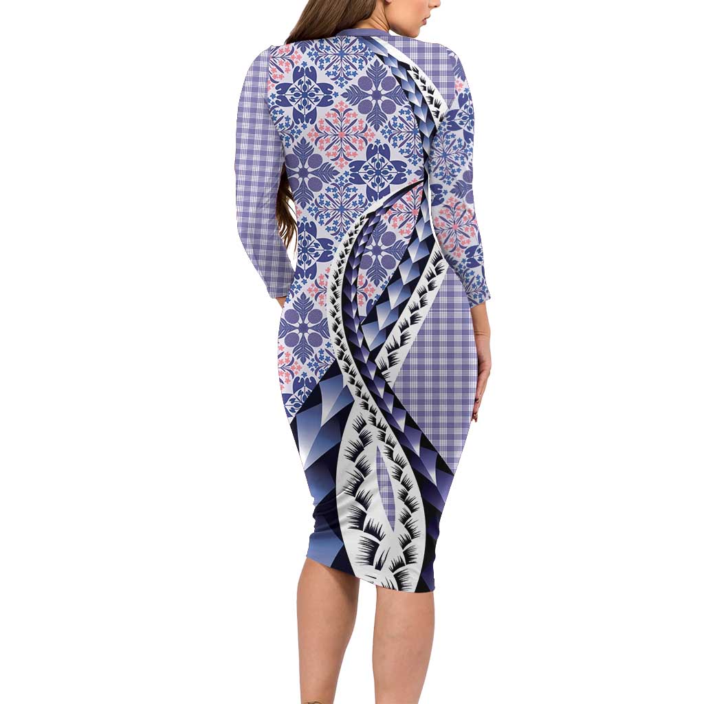 Aloha Vintage Palaka Floral Hawaiian Quilt Long Sleeve Bodycon Dress Poni Motif - Polynesian Pride