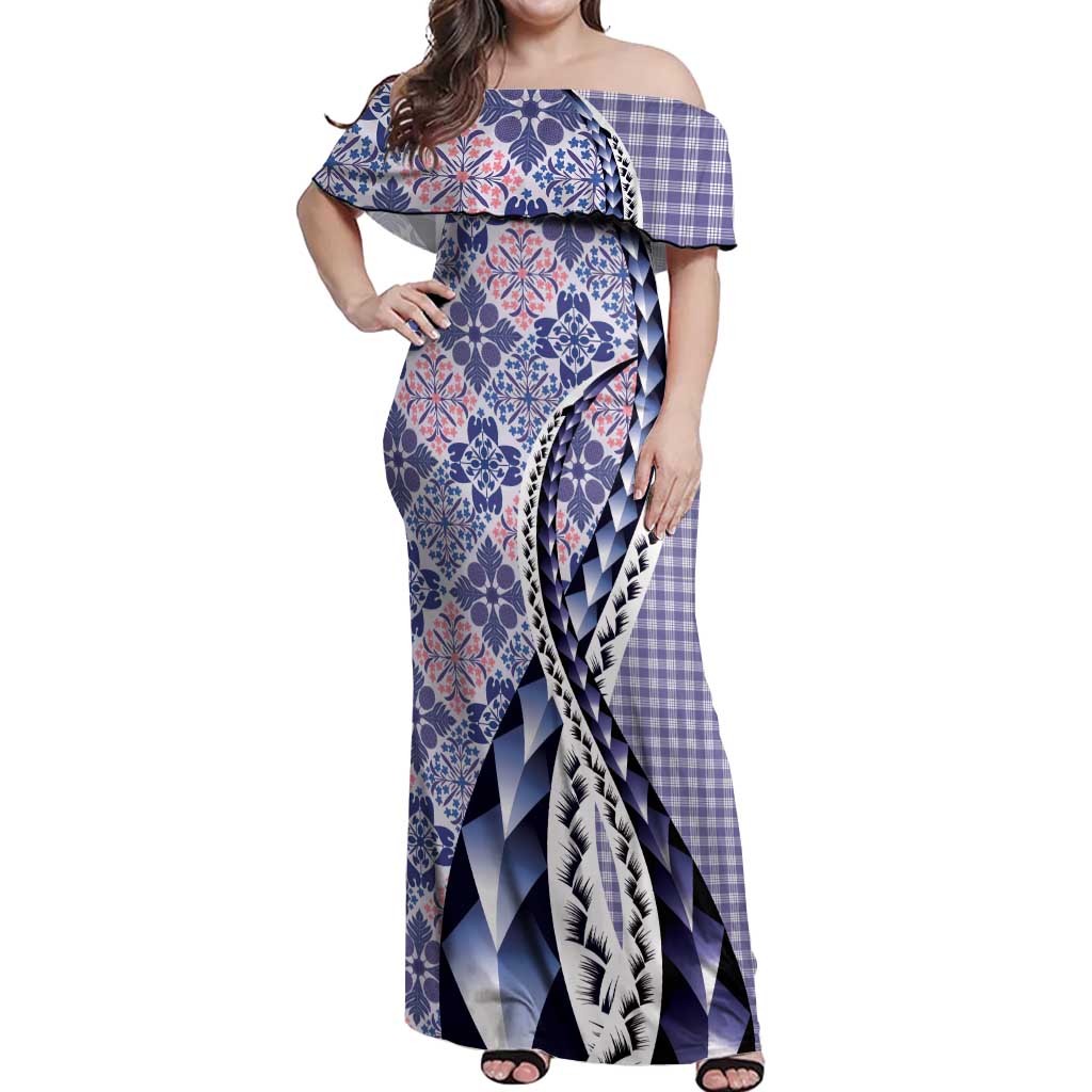 Aloha Vintage Palaka Floral Hawaiian Quilt Off Shoulder Maxi Dress Poni Motif - Polynesian Pride