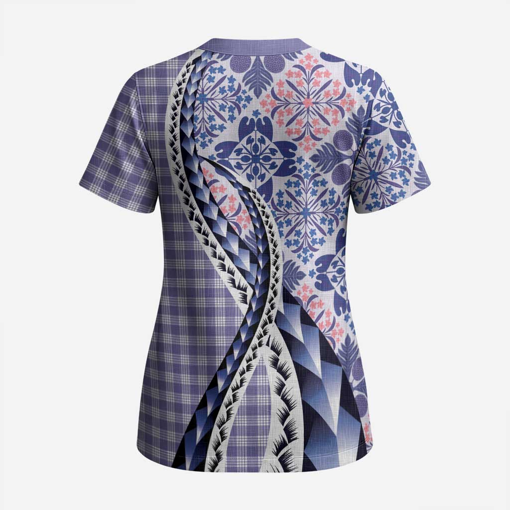 Aloha Vintage Palaka Floral Hawaiian Quilt Scrub Top Poni Motif - Polynesian Pride