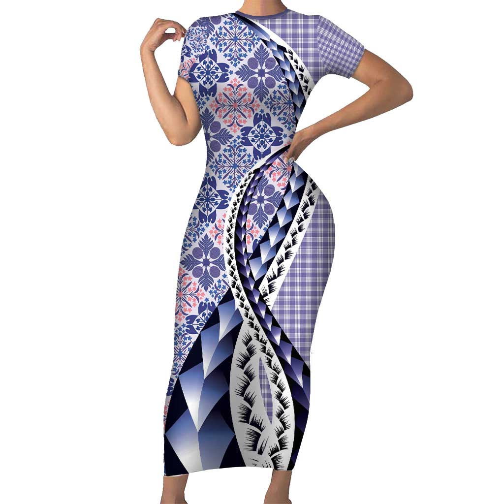 Aloha Vintage Palaka Floral Hawaiian Quilt Short Sleeve Bodycon Dress Poni Motif - Polynesian Pride