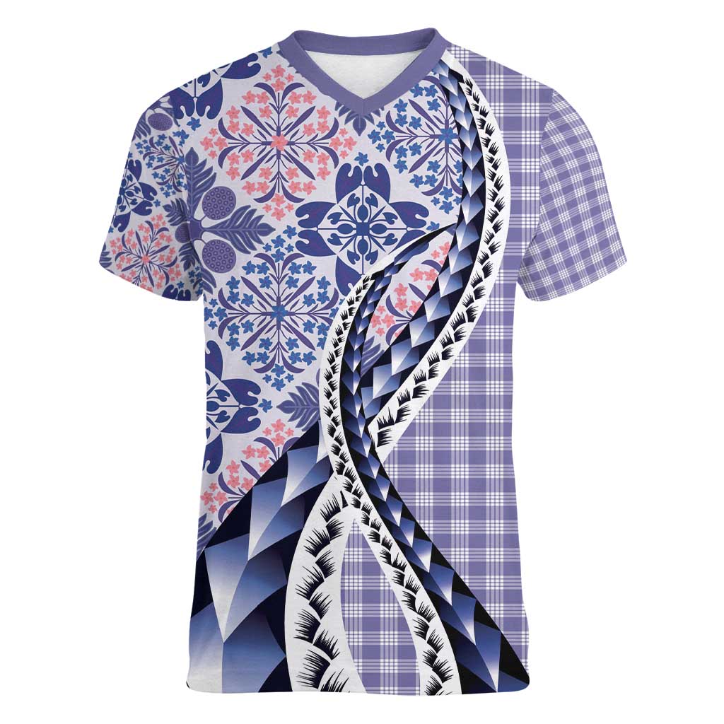 Aloha Vintage Palaka Floral Hawaiian Quilt Women V-Neck T-Shirt Poni Motif - Polynesian Pride