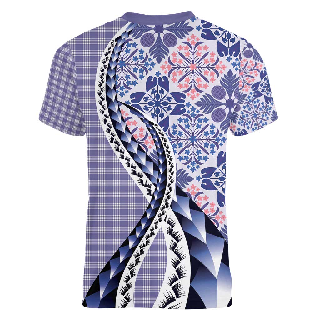 Aloha Vintage Palaka Floral Hawaiian Quilt Women V-Neck T-Shirt Poni Motif LT9 - Polynesian Pride