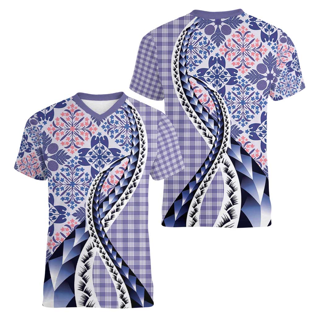 Aloha Vintage Palaka Floral Hawaiian Quilt Women V-Neck T-Shirt Poni Motif LT9 - Polynesian Pride