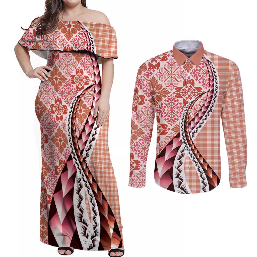 Aloha Vintage Palaka Floral Hawaiian Quilt Couples Matching Off Shoulder Maxi Dress and Long Sleeve Button Shirt Ulaula Motif - Polynesian Pride