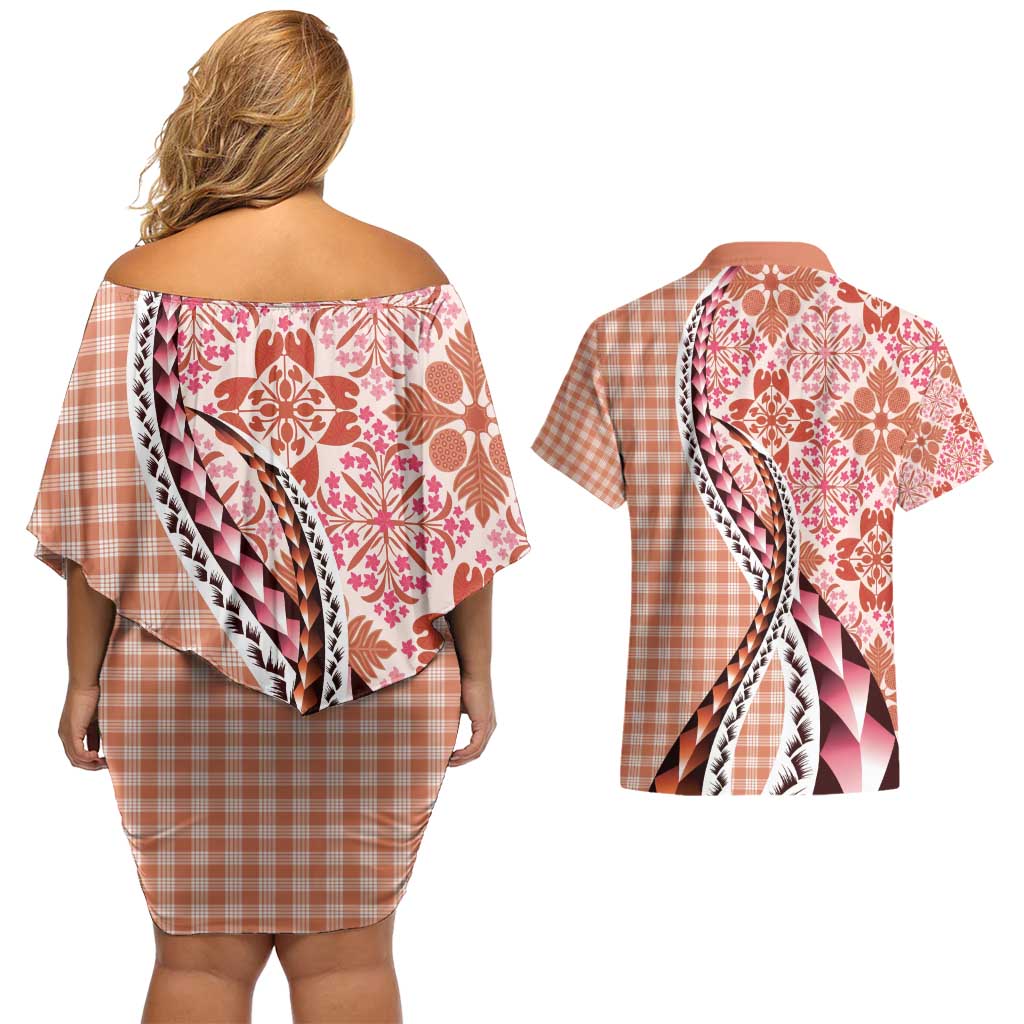 Aloha Vintage Palaka Floral Hawaiian Quilt Couples Matching Off Shoulder Short Dress and Hawaiian Shirt Ulaula Motif LT9 - Polynesian Pride