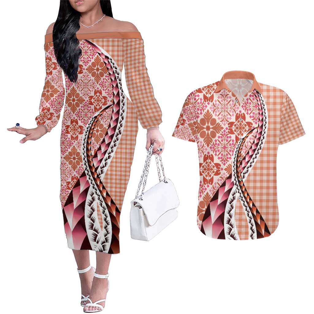Aloha Vintage Palaka Floral Hawaiian Quilt Couples Matching Off The Shoulder Long Sleeve Dress and Hawaiian Shirt Ulaula Motif - Polynesian Pride
