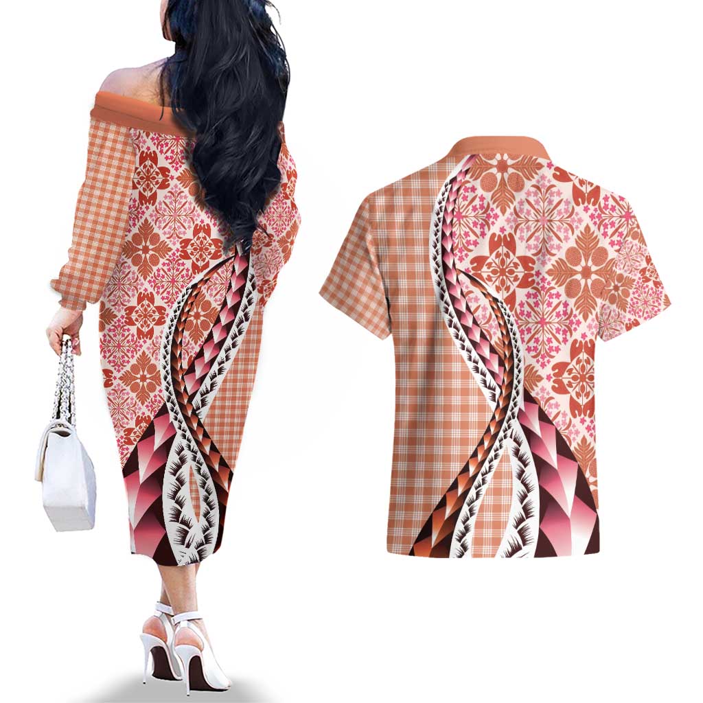 Aloha Vintage Palaka Floral Hawaiian Quilt Couples Matching Off The Shoulder Long Sleeve Dress and Hawaiian Shirt Ulaula Motif LT9 - Polynesian Pride