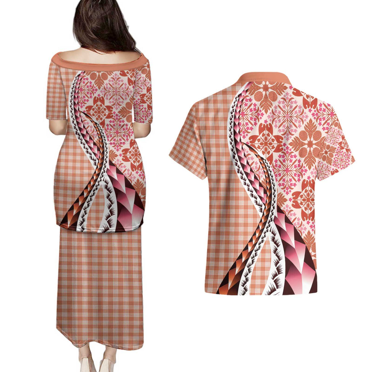 Aloha Vintage Palaka Floral Hawaiian Quilt Couples Matching Puletasi and Hawaiian Shirt Ulaula Motif LT9 - Polynesian Pride