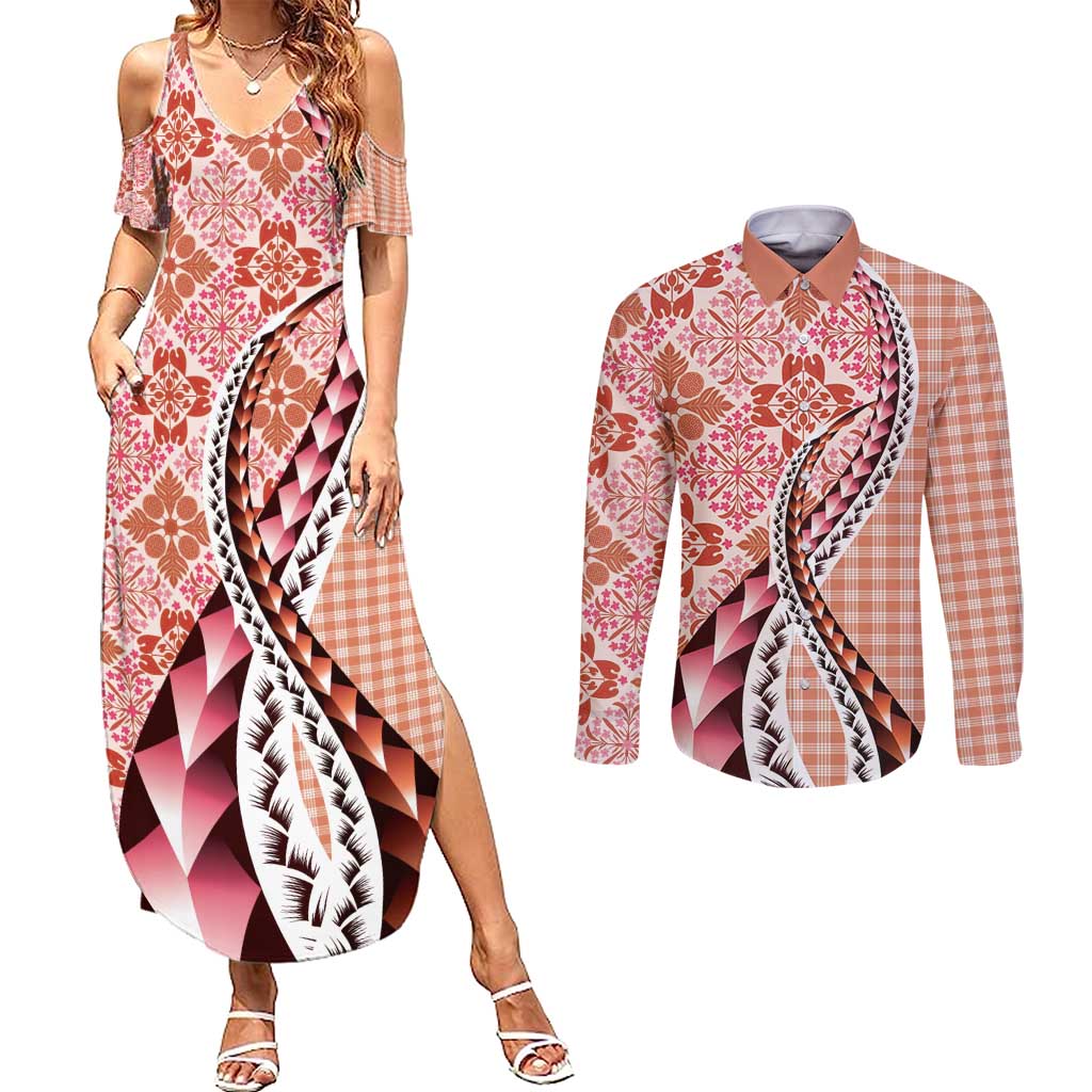 Aloha Vintage Palaka Floral Hawaiian Quilt Couples Matching Summer Maxi Dress and Long Sleeve Button Shirt Ulaula Motif - Polynesian Pride