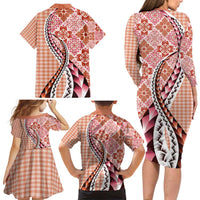 Aloha Vintage Palaka Floral Hawaiian Quilt Family Matching Long Sleeve Bodycon Dress and Hawaiian Shirt Ulaula Motif LT9 - Polynesian Pride