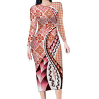 Aloha Vintage Palaka Floral Hawaiian Quilt Family Matching Long Sleeve Bodycon Dress and Hawaiian Shirt Ulaula Motif LT9 Mom's Dress Red - Polynesian Pride