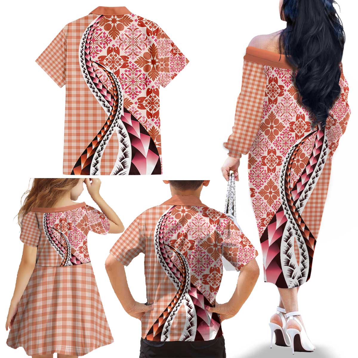 Aloha Vintage Palaka Floral Hawaiian Quilt Family Matching Off The Shoulder Long Sleeve Dress and Hawaiian Shirt Ulaula Motif LT9 - Polynesian Pride