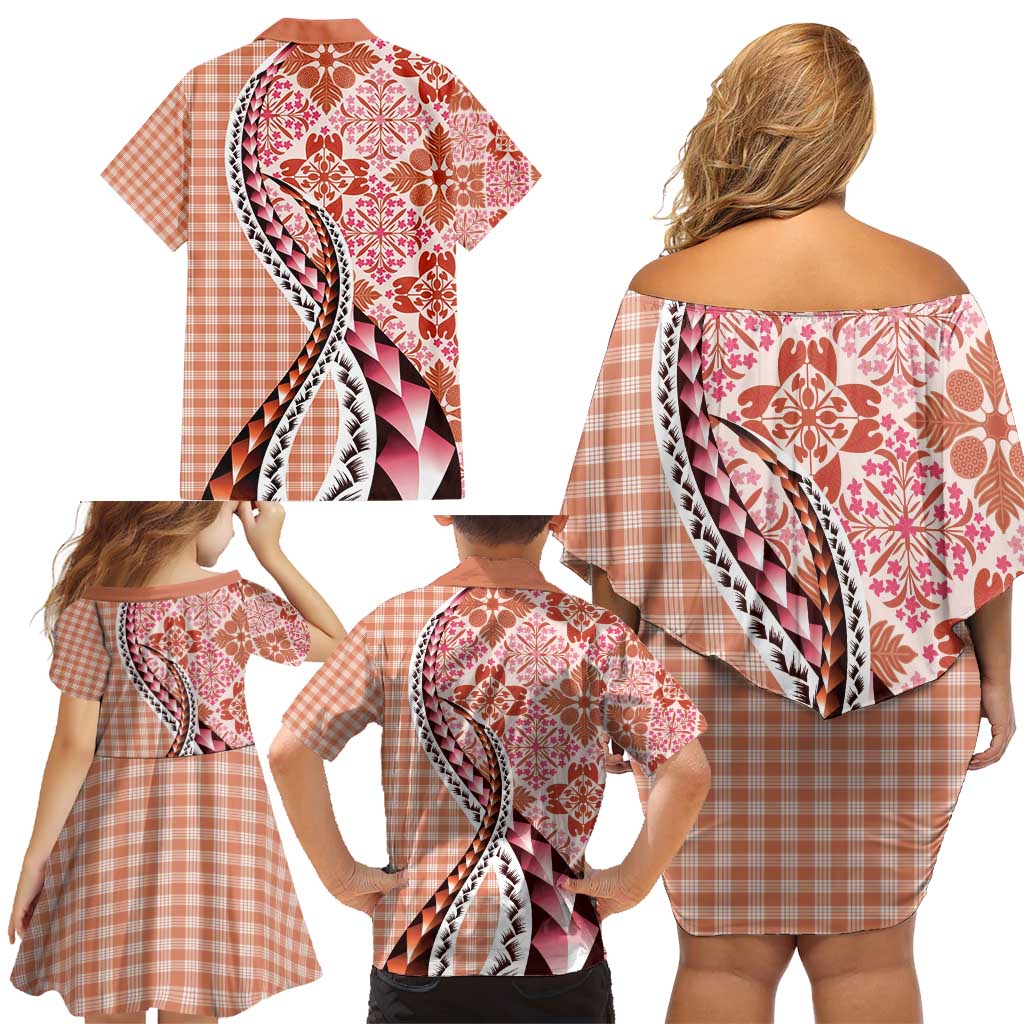 Aloha Vintage Palaka Floral Hawaiian Quilt Family Matching Off Shoulder Short Dress and Hawaiian Shirt Ulaula Motif LT9 - Polynesian Pride