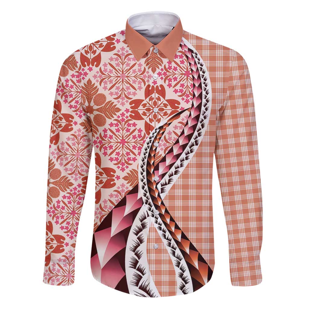 Aloha Vintage Palaka Floral Hawaiian Quilt Family Matching Puletasi and Hawaiian Shirt Ulaula Motif LT9 Dad's Shirt - Long Sleeve Red - Polynesian Pride