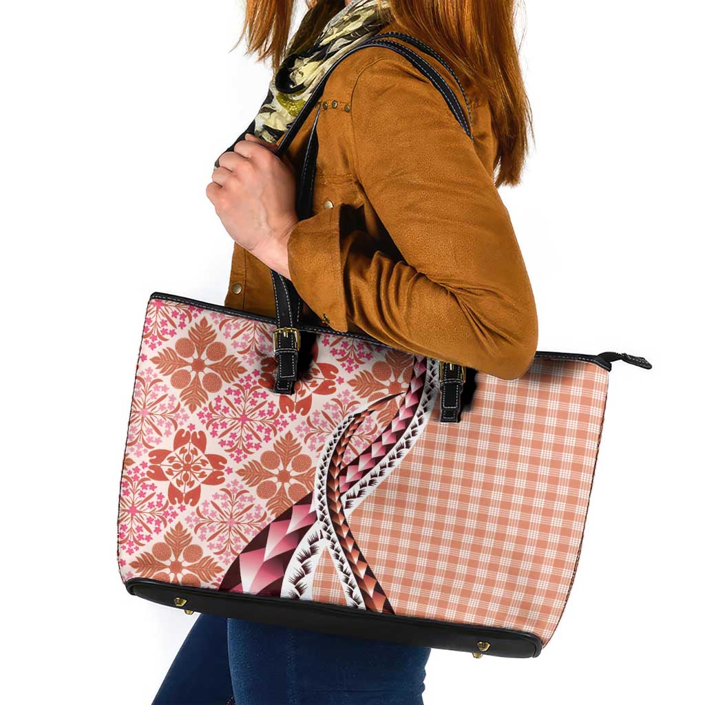 Aloha Vintage Palaka Floral Hawaiian Quilt Leather Tote Bag Ulaula Motif - Polynesian Pride