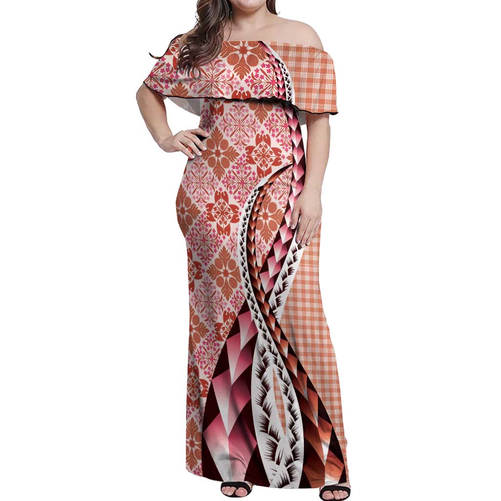 Aloha Vintage Palaka Floral Hawaiian Quilt Off Shoulder Maxi Dress Ulaula Motif - Polynesian Pride