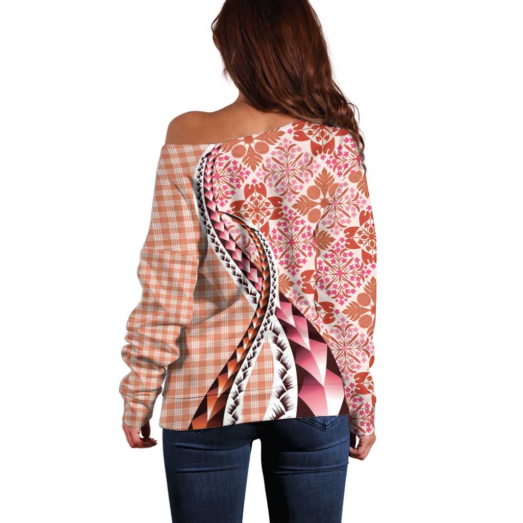 Aloha Vintage Palaka Floral Hawaiian Quilt Off Shoulder Sweater Ulaula Motif - Polynesian Pride