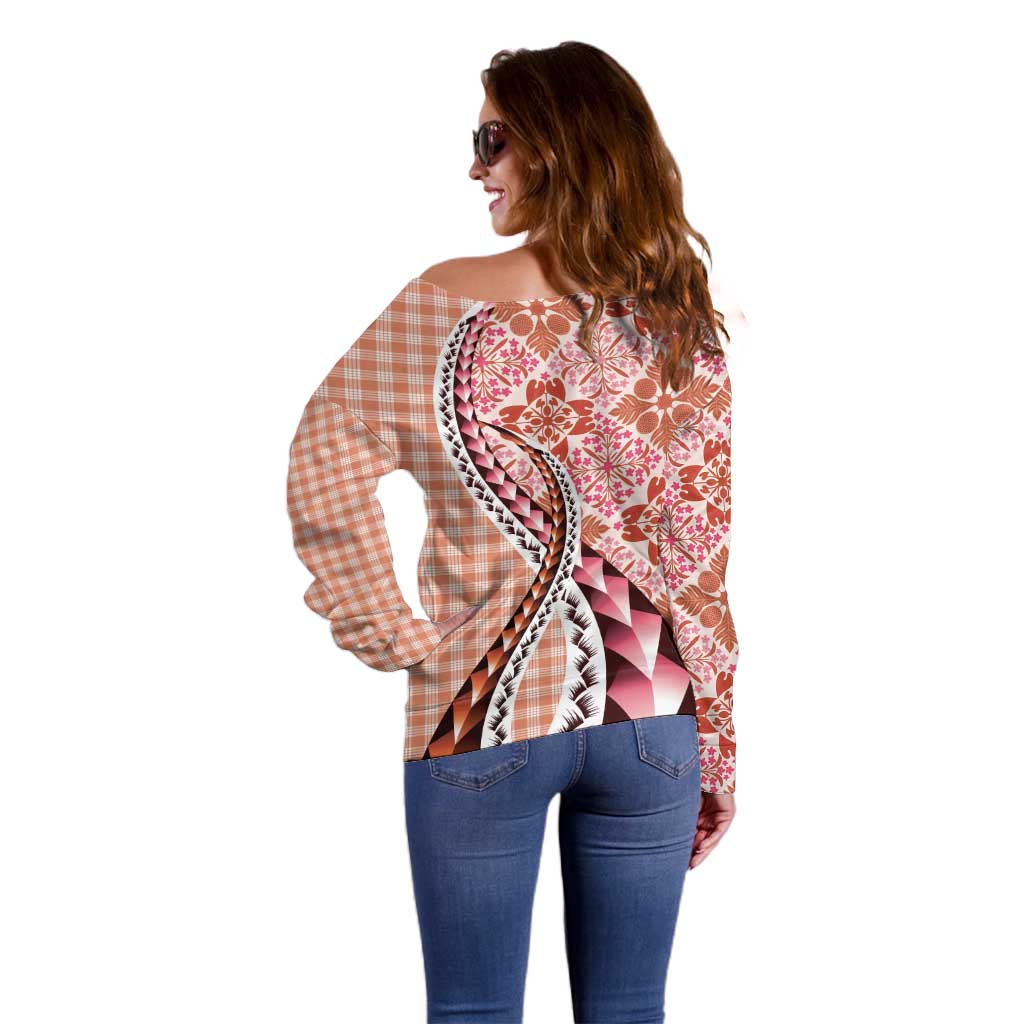 Aloha Vintage Palaka Floral Hawaiian Quilt Off Shoulder Sweater Ulaula Motif - Polynesian Pride