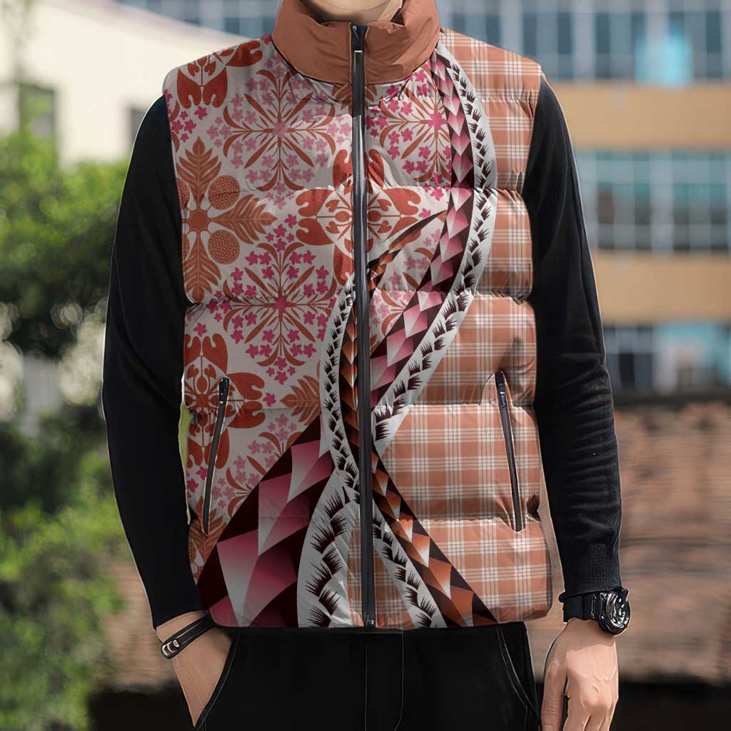 Aloha Vintage Palaka Floral Hawaiian Quilt Sleeveless Puffer Jacket Ulaula Motif - Polynesian Pride
