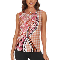 Aloha Vintage Palaka Floral Hawaiian Quilt Women Sleeveless Polo Shirt Ulaula Motif LT9 - Polynesian Pride