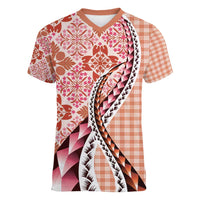 Aloha Vintage Palaka Floral Hawaiian Quilt Women V-Neck T-Shirt Ulaula Motif LT9 Female Red - Polynesian Pride