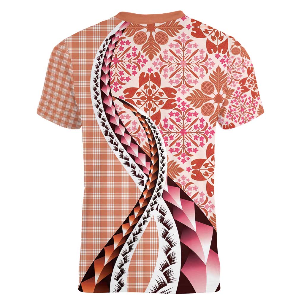 Aloha Vintage Palaka Floral Hawaiian Quilt Women V-Neck T-Shirt Ulaula Motif LT9 - Polynesian Pride