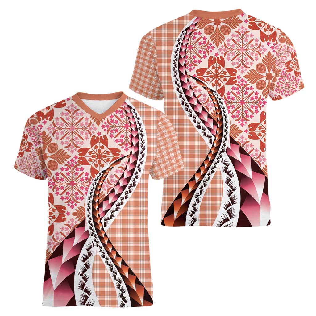 Aloha Vintage Palaka Floral Hawaiian Quilt Women V-Neck T-Shirt Ulaula Motif LT9 - Polynesian Pride