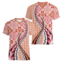 Aloha Vintage Palaka Floral Hawaiian Quilt Women V-Neck T-Shirt Ulaula Motif LT9 - Polynesian Pride