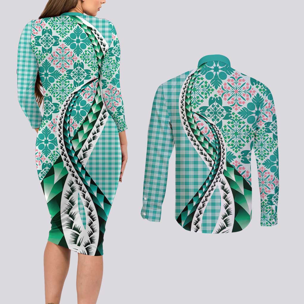Aloha Vintage Palaka Floral Hawaiian Quilt Couples Matching Long Sleeve Bodycon Dress and Long Sleeve Button Shirt Polu Motif LT9 - Polynesian Pride