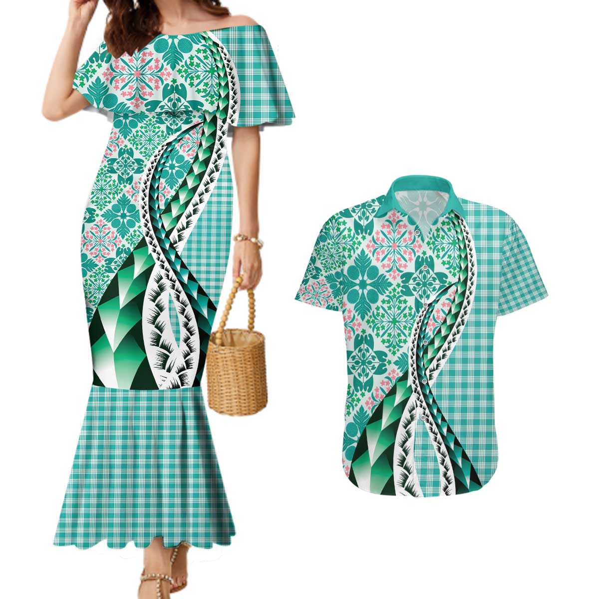 Aloha Vintage Palaka Floral Hawaiian Quilt Couples Matching Mermaid Dress and Hawaiian Shirt Polu Motif LT9 Turquoise - Polynesian Pride