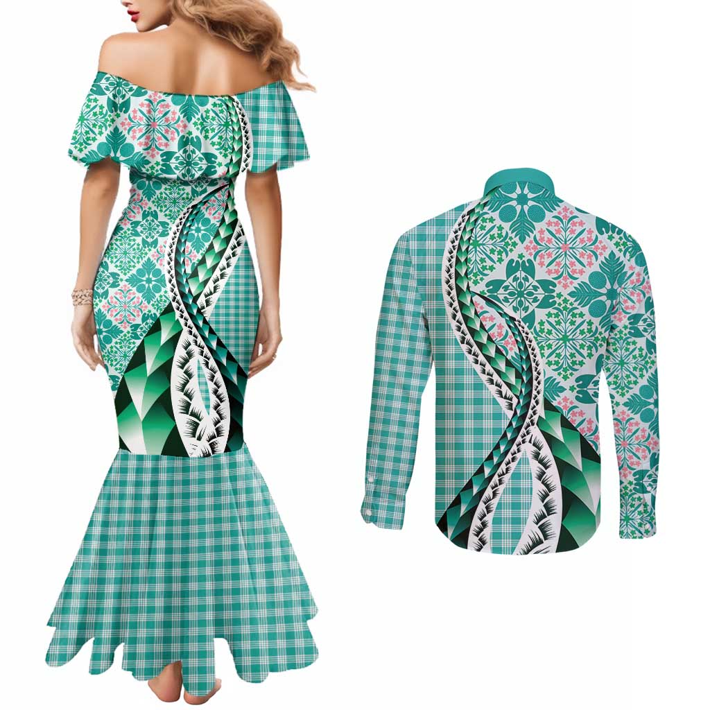 Aloha Vintage Palaka Floral Hawaiian Quilt Couples Matching Mermaid Dress and Long Sleeve Button Shirt Polu Motif LT9 - Polynesian Pride