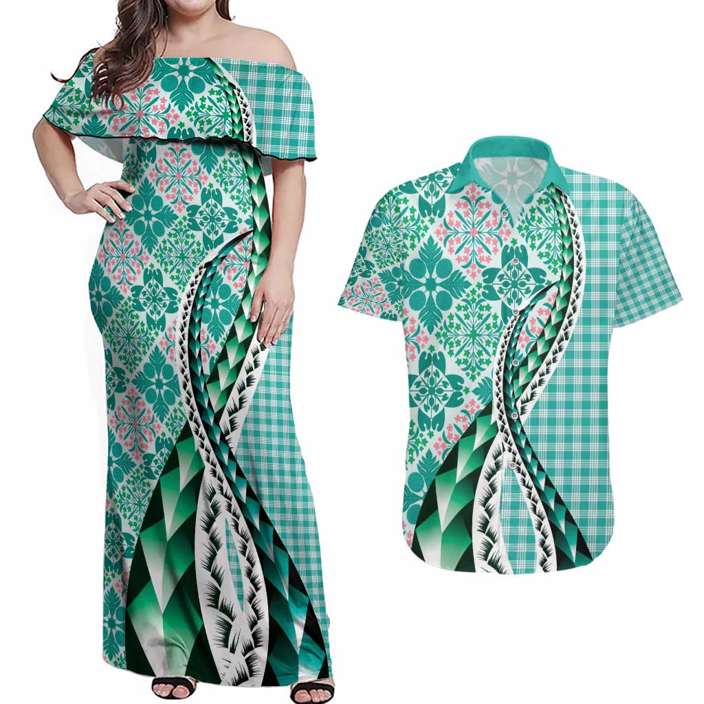 Aloha Vintage Palaka Floral Hawaiian Quilt Couples Matching Off Shoulder Maxi Dress and Hawaiian Shirt Polu Motif LT9 Turquoise - Polynesian Pride