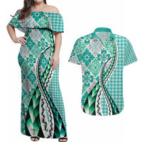 Aloha Vintage Palaka Floral Hawaiian Quilt Couples Matching Off Shoulder Maxi Dress and Hawaiian Shirt Polu Motif LT9 Turquoise - Polynesian Pride